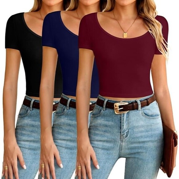Short Sleeve Crop Tops for Women Slim Fit U Neck Half Shirts, 3 Pcs. - Picture 1 of 5